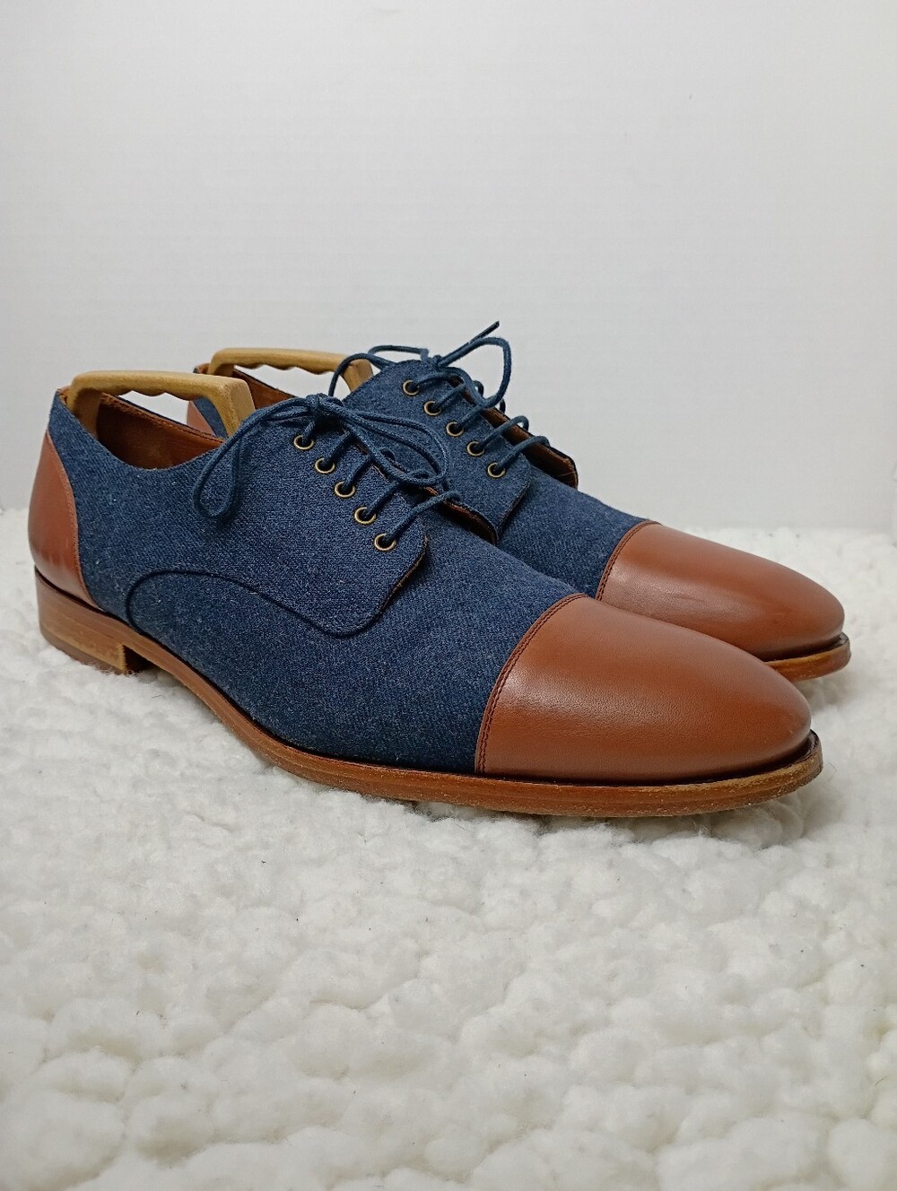 TAFT The Jack Blue Canvas Upper Cognac Leather Cap Toe Mens 11 Oxford Dress Shoe